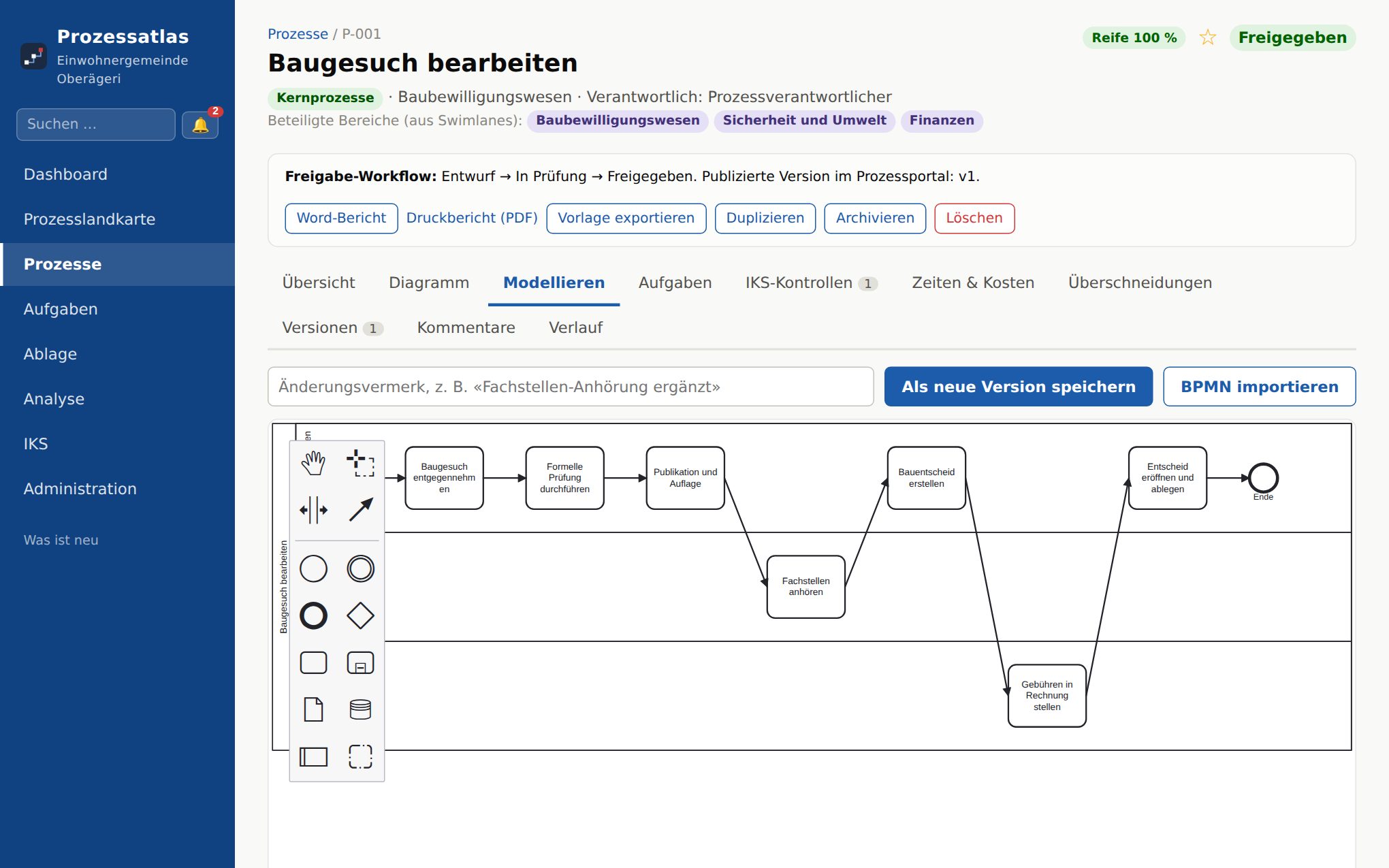 Prozessdetail mit BPMN-Diagramm und Swimlanes je Bereich